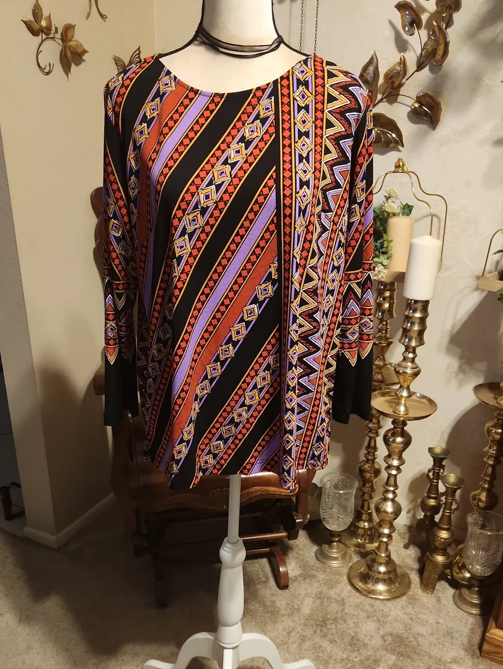 Bob Mackie Black, Orange & Purple Printed Long-Sleeve Scoop Neck Tunic - Picture 1 of 5